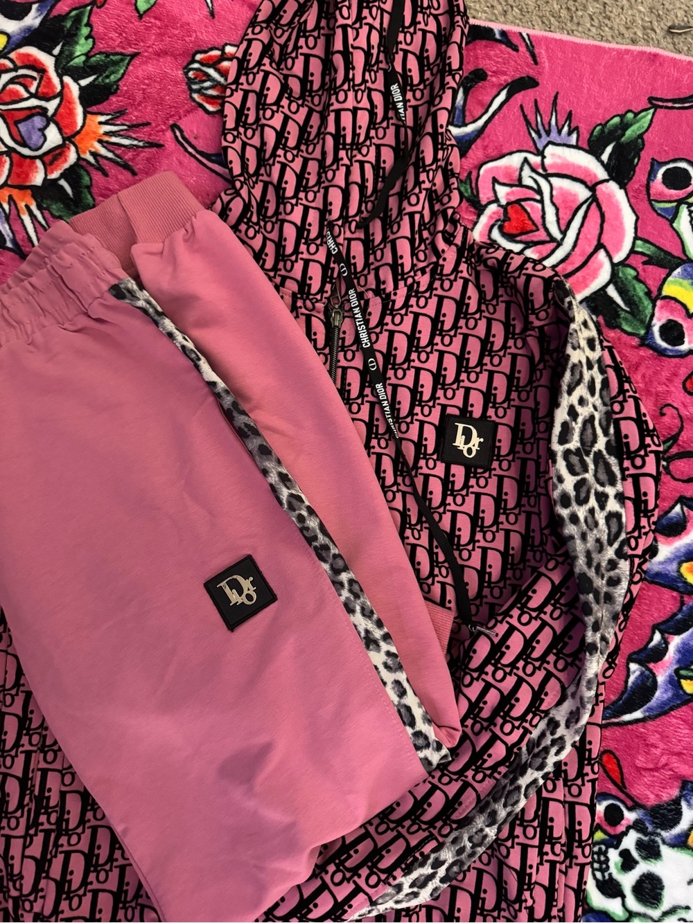 Dior Pink Logo Tracksuit Set with Leopard Trim